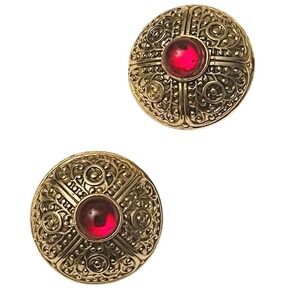 Byzantine round dome Earrings VTG Clip Gold Red Mogul Cabochon Chunky 80s gilt